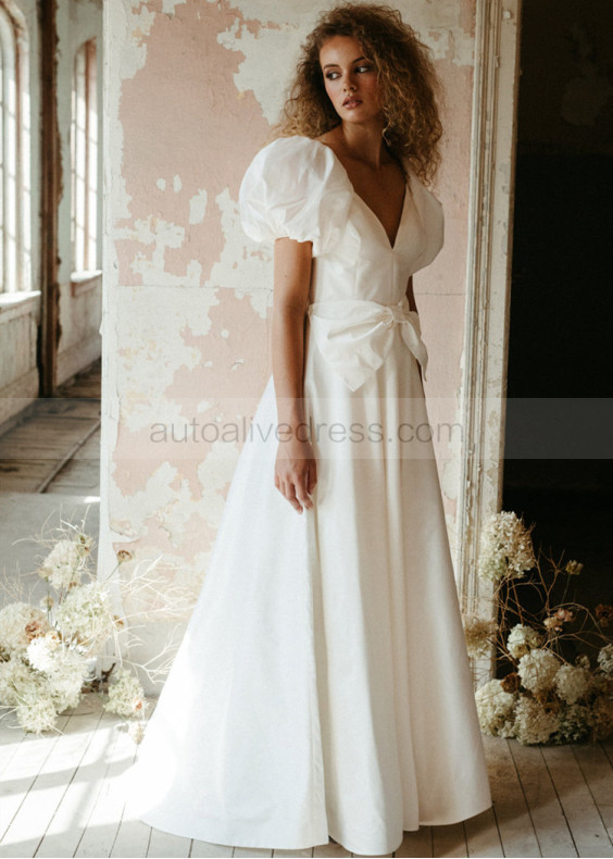 Puffy Sleeves Ivory Taffeta Wedding Dress With Detachable Bow